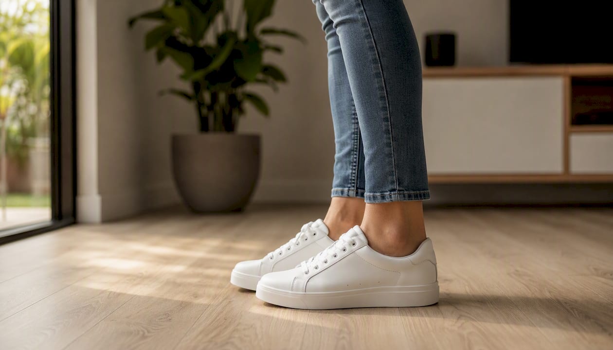 Een smalle jeans voor kleine dames, gecombineerd met witte sneakers