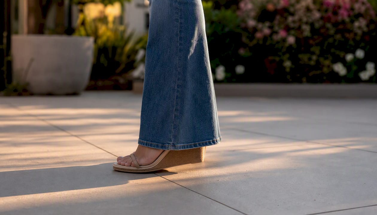 Een trendy look: petite flared jeans gecombineerd met hakken tijdens een wandeling buiten.