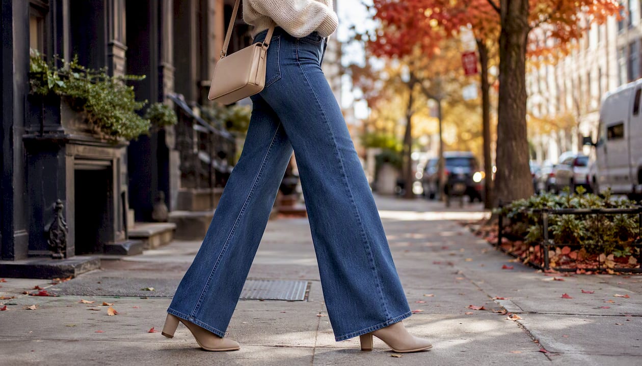 Seitliche Ansicht einer kurvigen Frau, die in einer weit geschnittenen High-Waist-Jeans entspannt durch die Stadt läuft.
