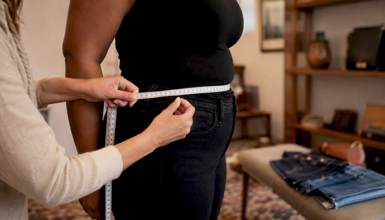 Eine kurvige Frau wird an Taille und Hüfte mit den Händen vermessen.
