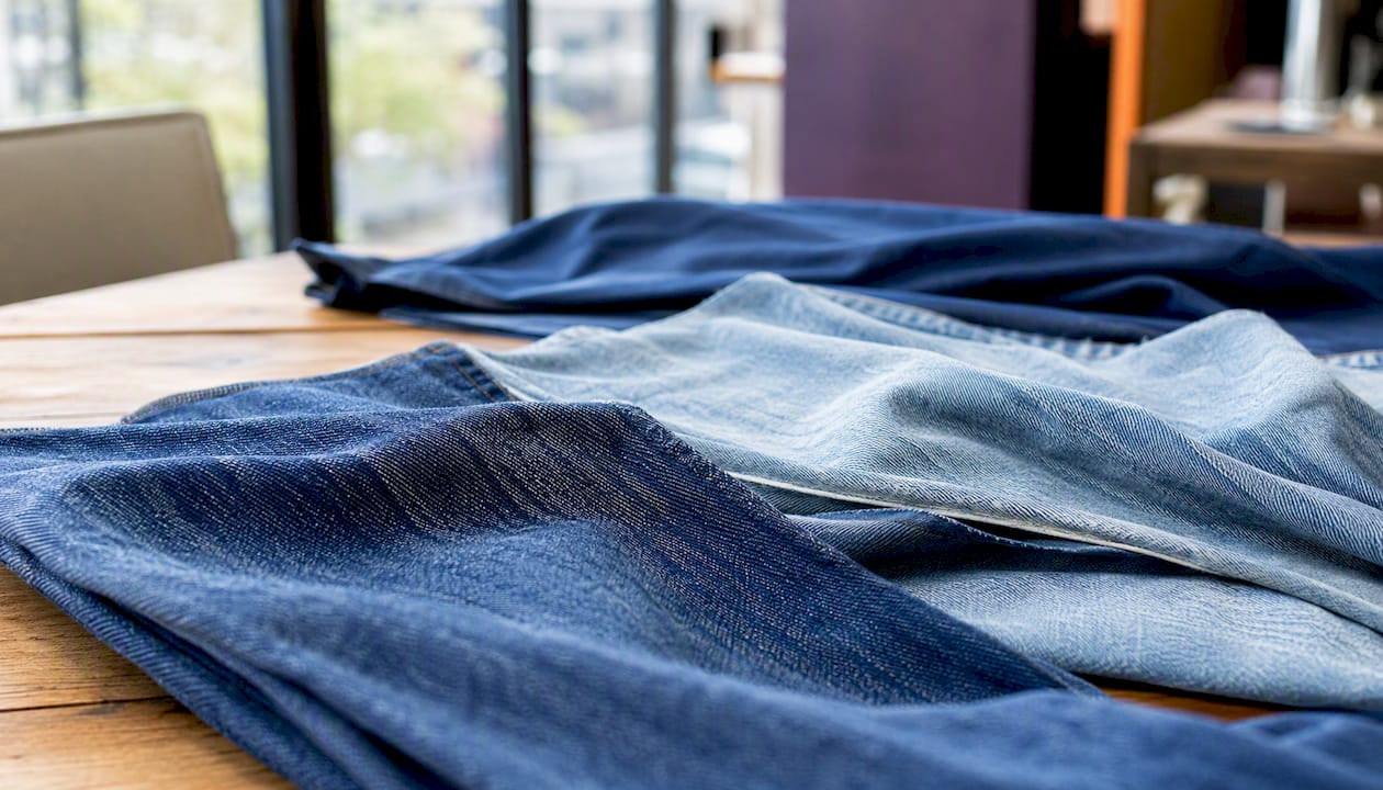 Verschiedene Jeansstoffe in Nahaufnahme – von klassischen bis hin zu ausgefallenen Waschungen und Strukturen.