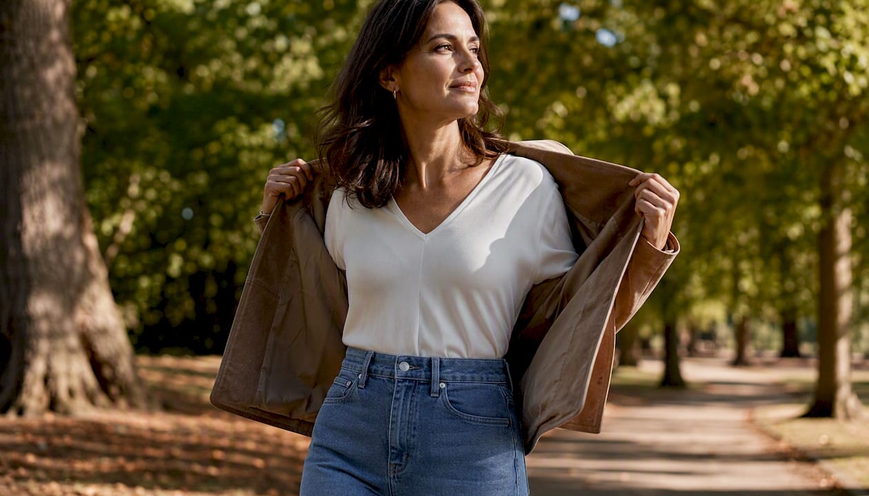 Eine Frau trägt eine High-Waist-Jeans mit geradem Bein – der Schnitt betont ihre Figur auf besonders vorteilhafte Weise.