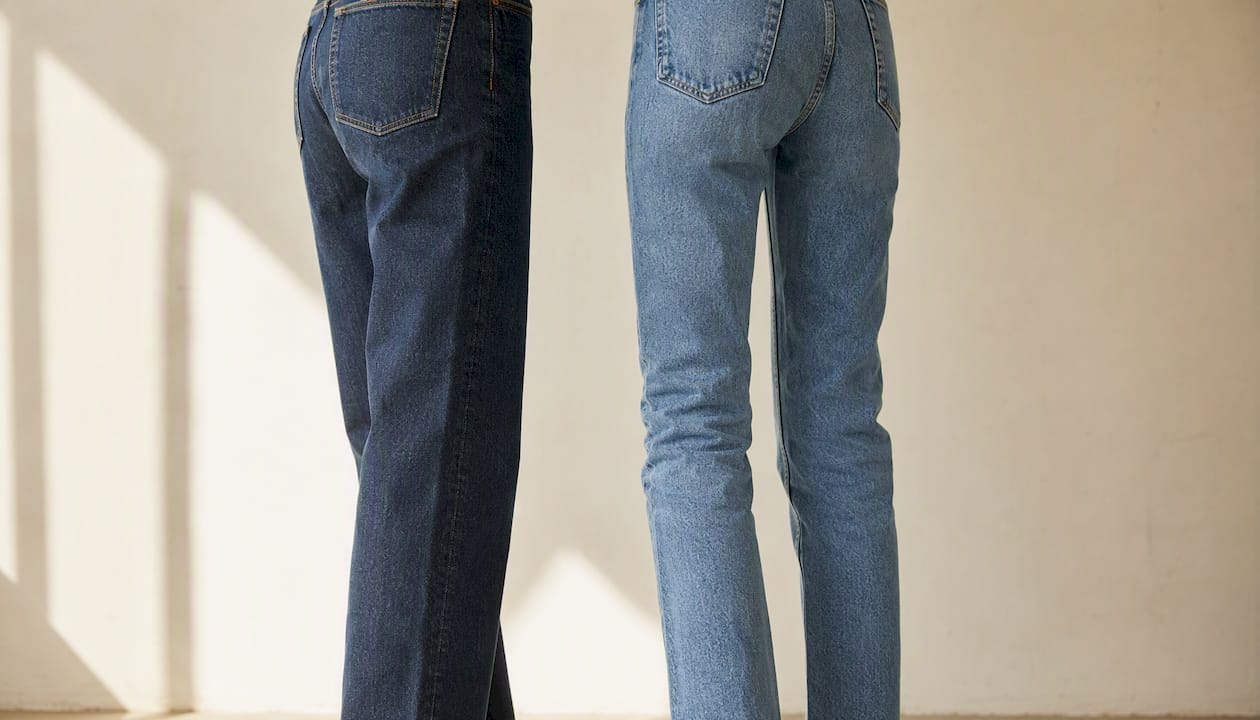 Detailopname van de stof van een skinny jeans en een sigarettenmodel, met een silhouet op de achtergrond.