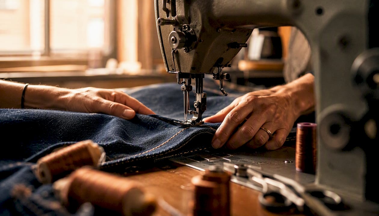 Mit einer Nähmaschine wird Kupferfaden auf Jeansstoff verarbeitet.