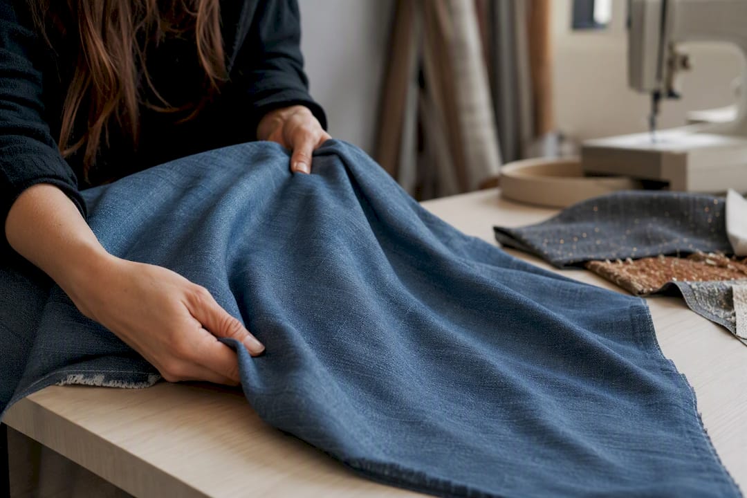 Een hand die voorzichtig over de zachte lyocell denim stof strijkt.