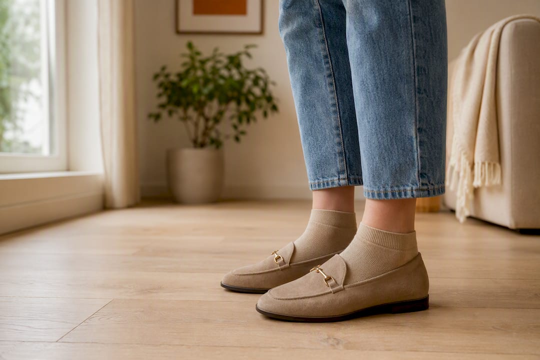 Enkellange jeans met huidkleurige sokken en enkellaarsjes