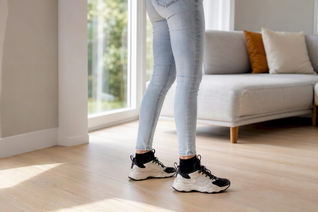 Vrouw draagt skinny jeans met sneakers en sokken