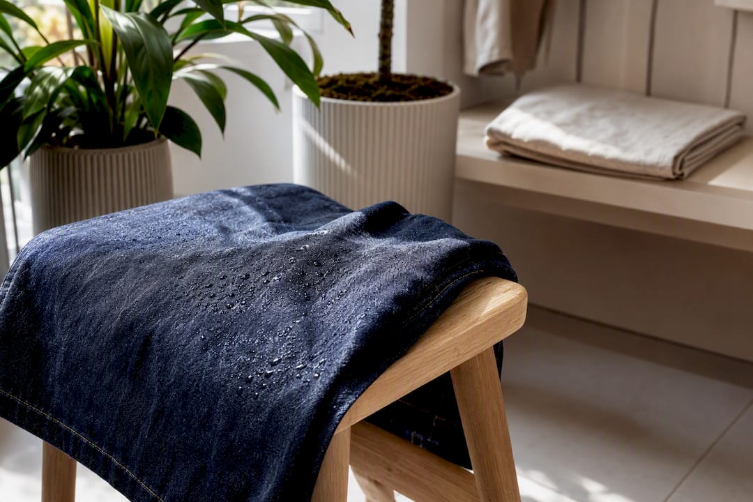 Nahaufnahme eines feuchten Flecks auf Lyocell-Denimstoff