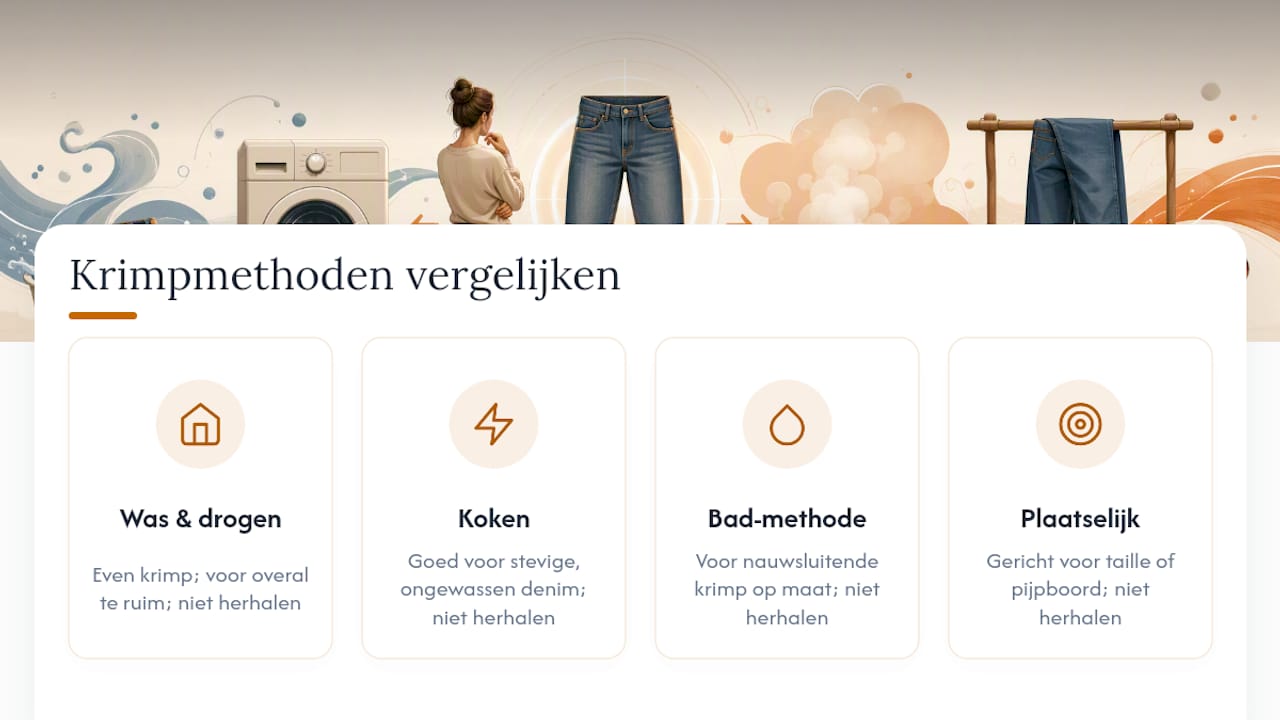 Diagram dat methodes en tips voor het krimpen van spijkerbroeken vergelijkt