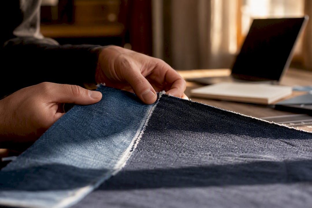 Close-up van denimstof die wrijft en kleur afgeeft
