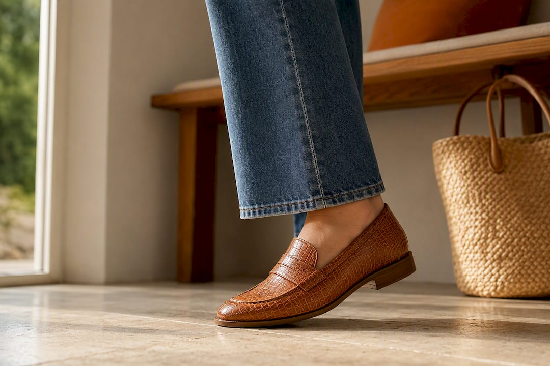 Opvallende loafer onder de zoom van rechte jeans