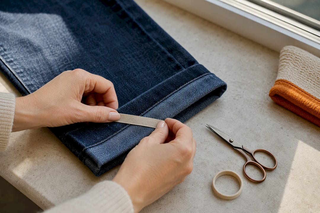 Textieltape die een jeansmanchet vastzet