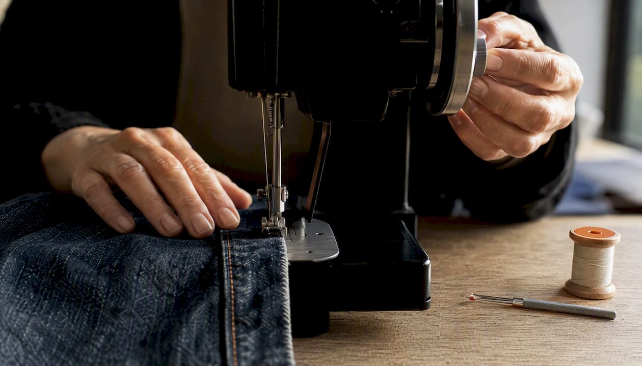 Het handwiel wordt gebruikt bij een dikke jeansnaad