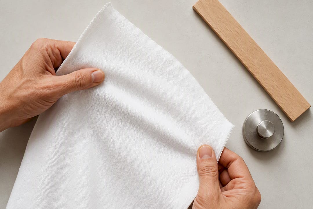 Handen voelen de elasticiteit van witte denim