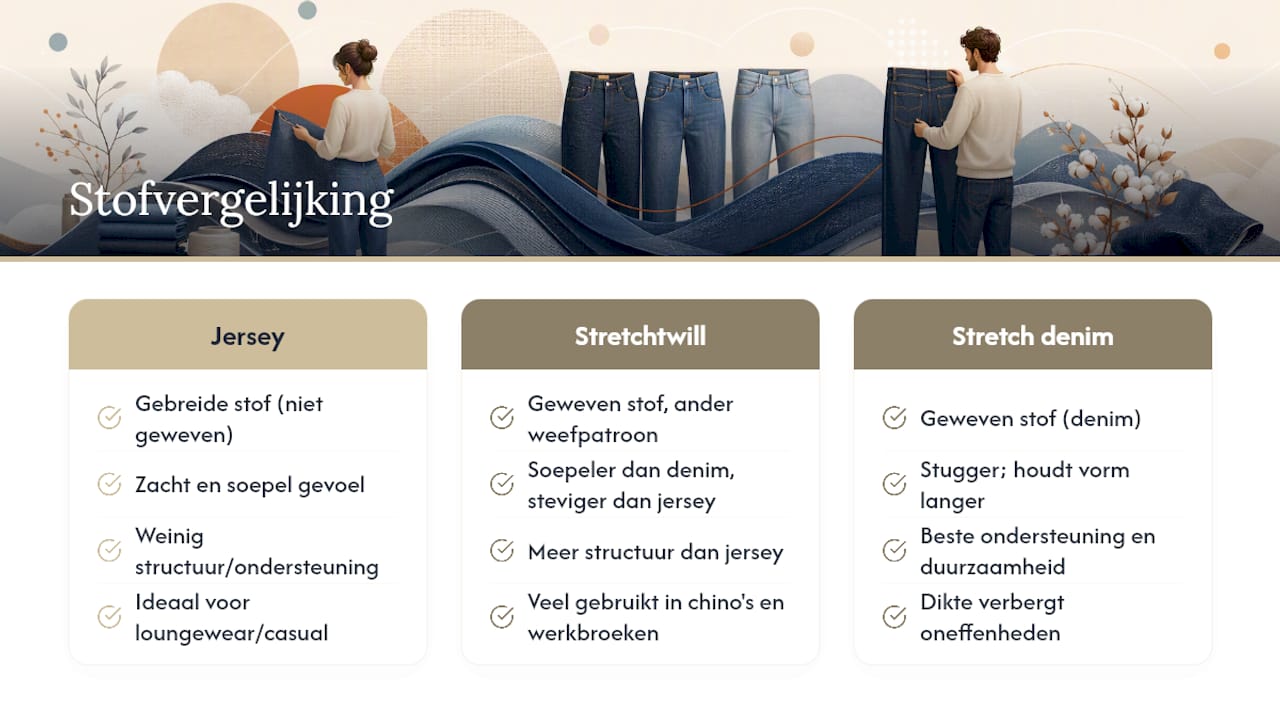 Vergelijking tussen stretchdenim jersey en twill