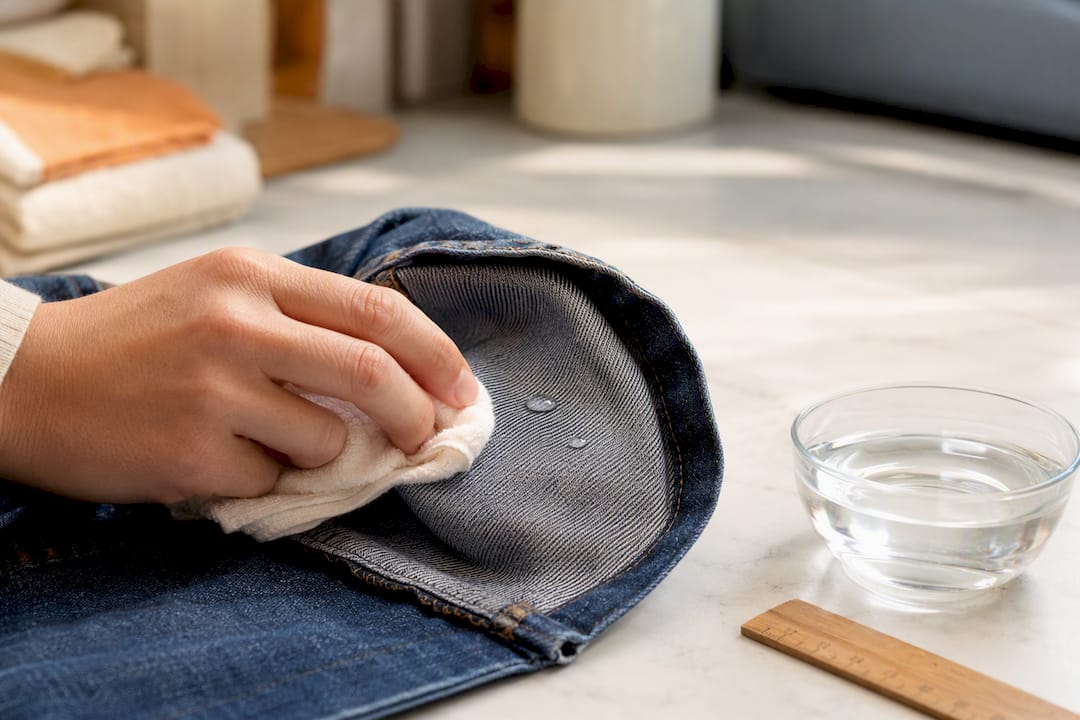 Hand test de zoom van denim met water