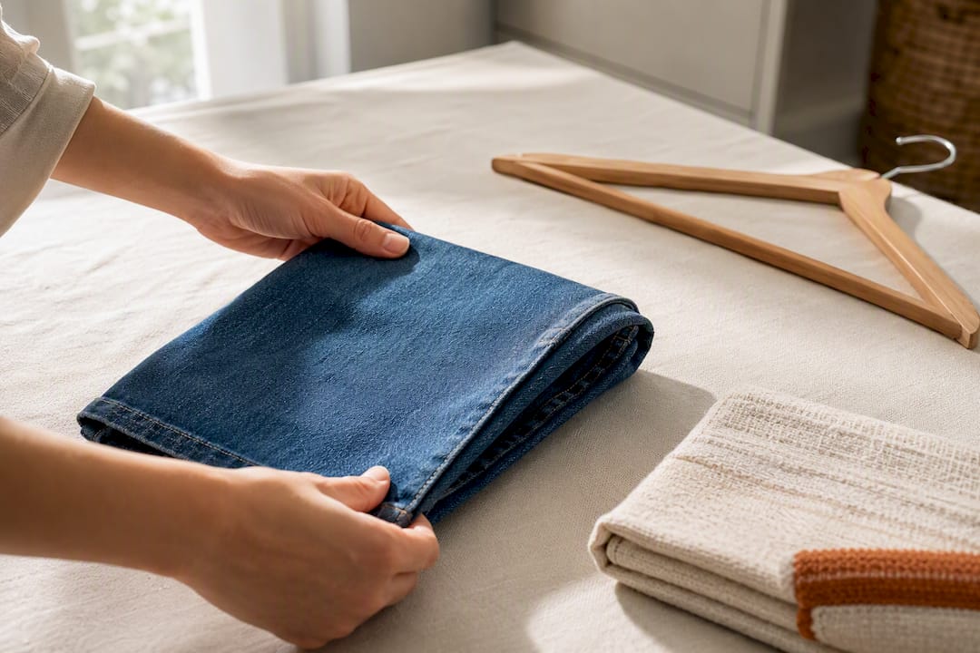 Denim zorgvuldig opgevouwen naast een hanger