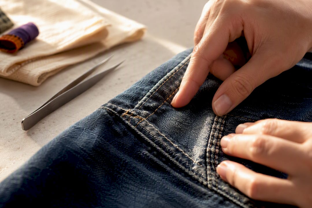 Detailaufnahme von Naht und Taschenrand eines Denim-Stoffs