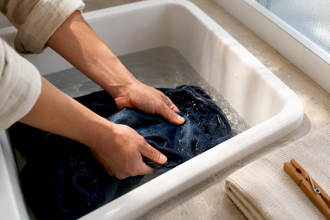 Denim wordt voorzichtig met koud water uitgespoeld