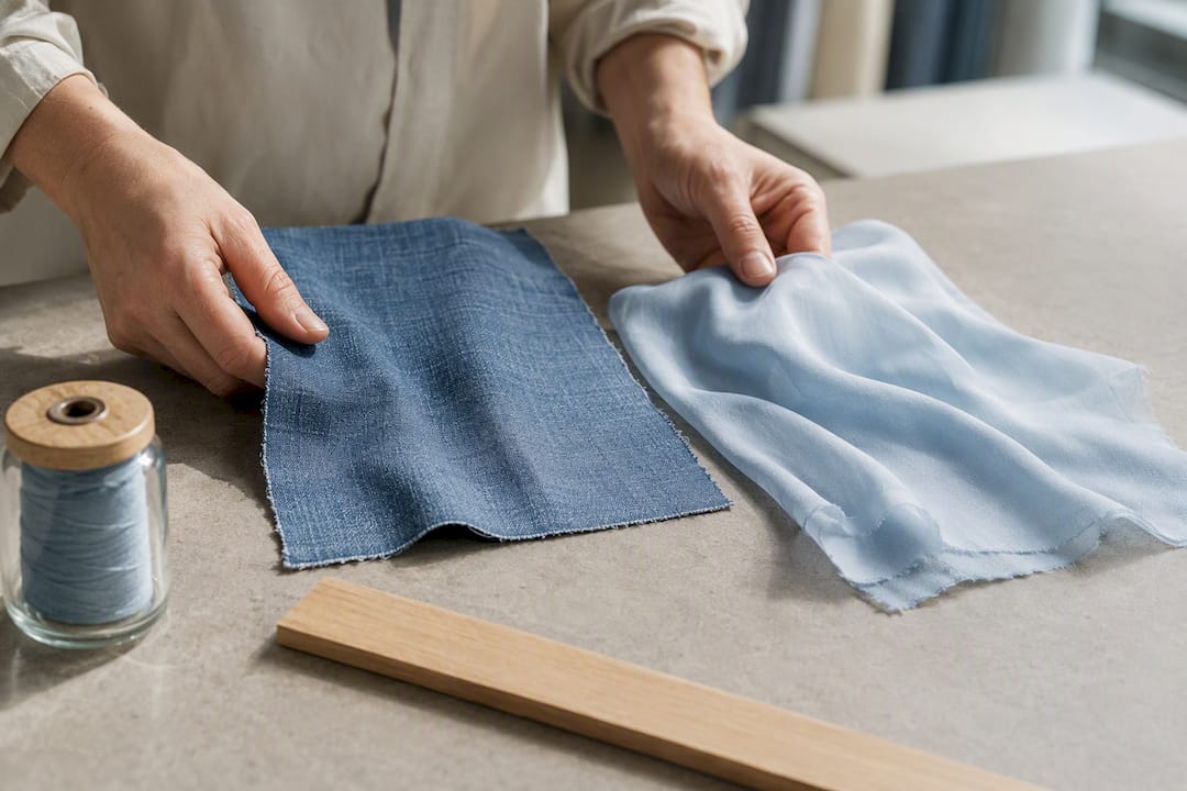 Lichte denim- en lyocellstoffen naast elkaar