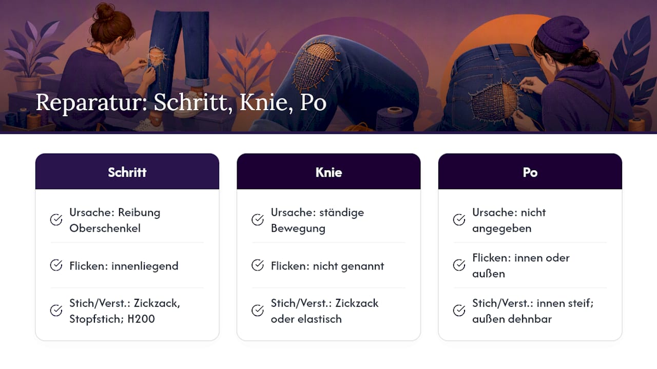 Reparaturlösungen für Schritt, Knie und Po