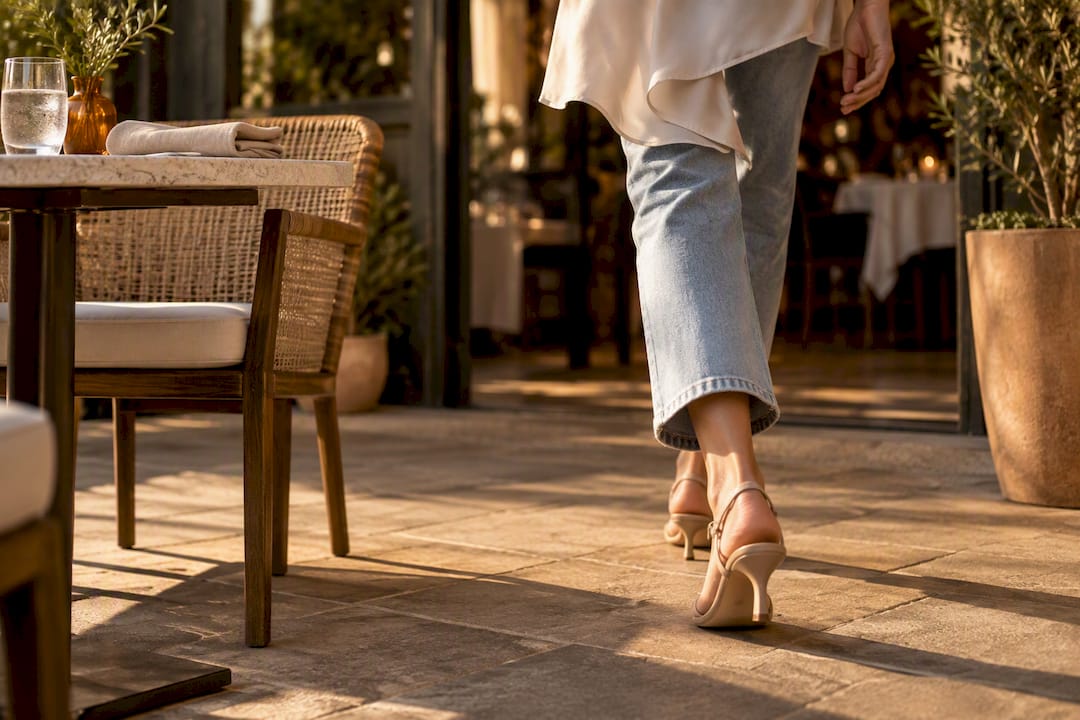 Zomerse denimlook met sandalen op het terras