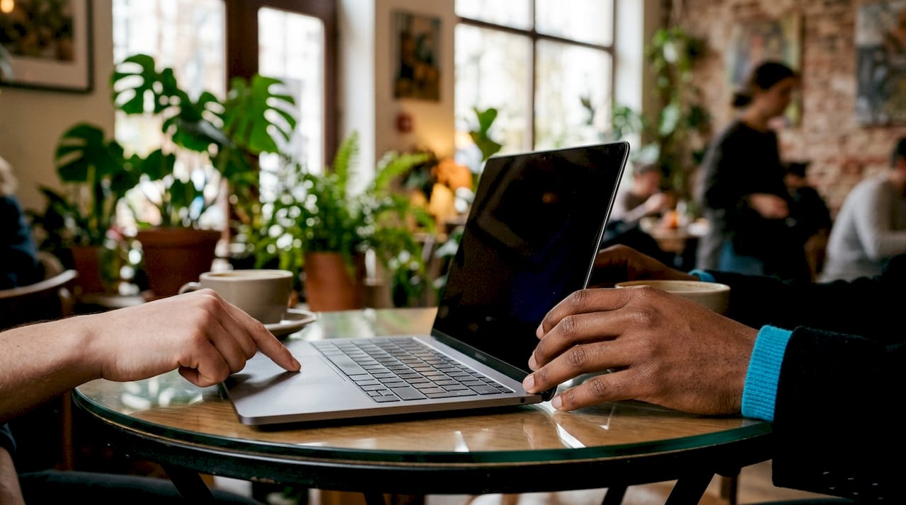 Hands exchanging refurbished MacBook laptop