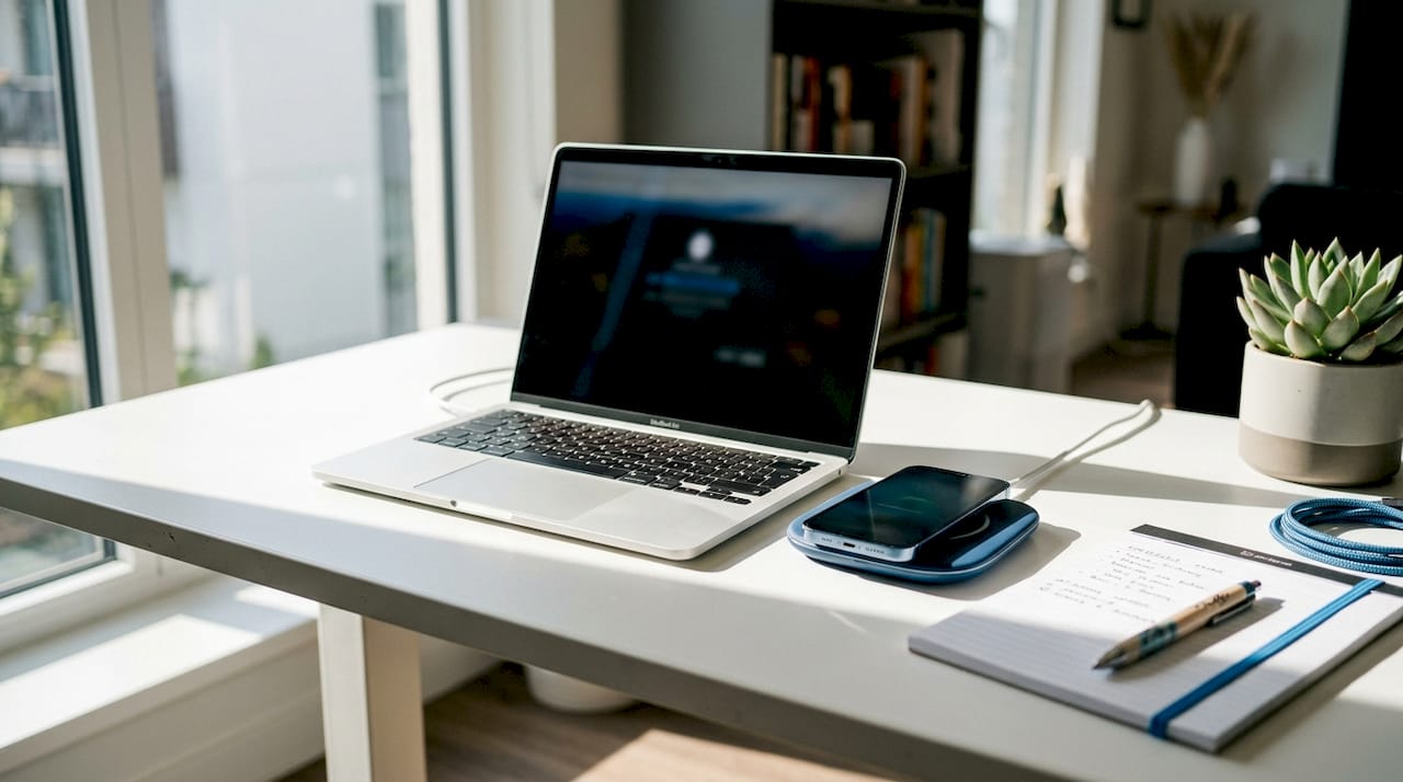 Overhead view of MacBook and tools for battery health check