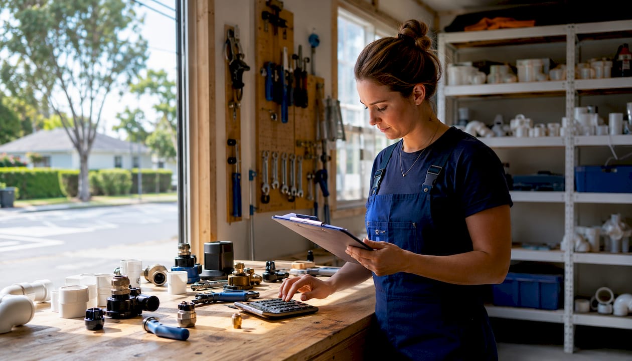 Plumber calculating invoice inside service van