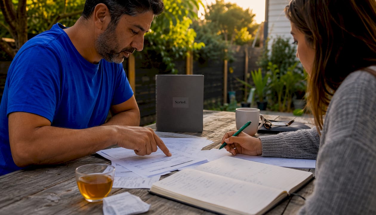 Couple reviewing plumbing repair budget papers
