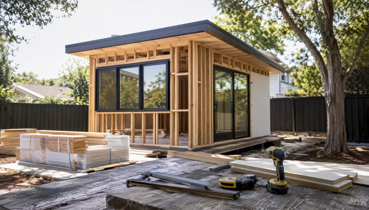 Suburban home with detached building under construction