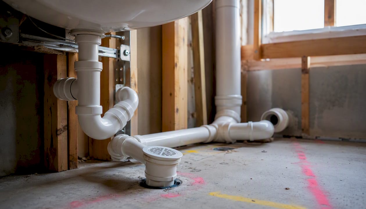 Bathroom waste pipes with P-trap and floor waste