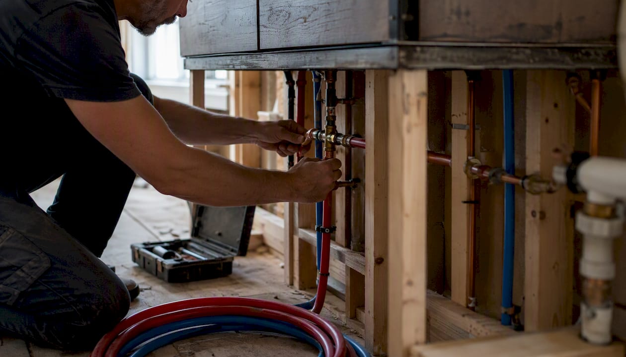 Plumber fitting bathroom supply pipes in renovation