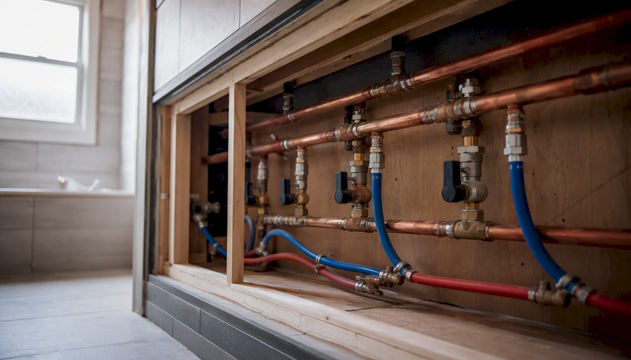Copper and PEX water supply pipes with isolation valves