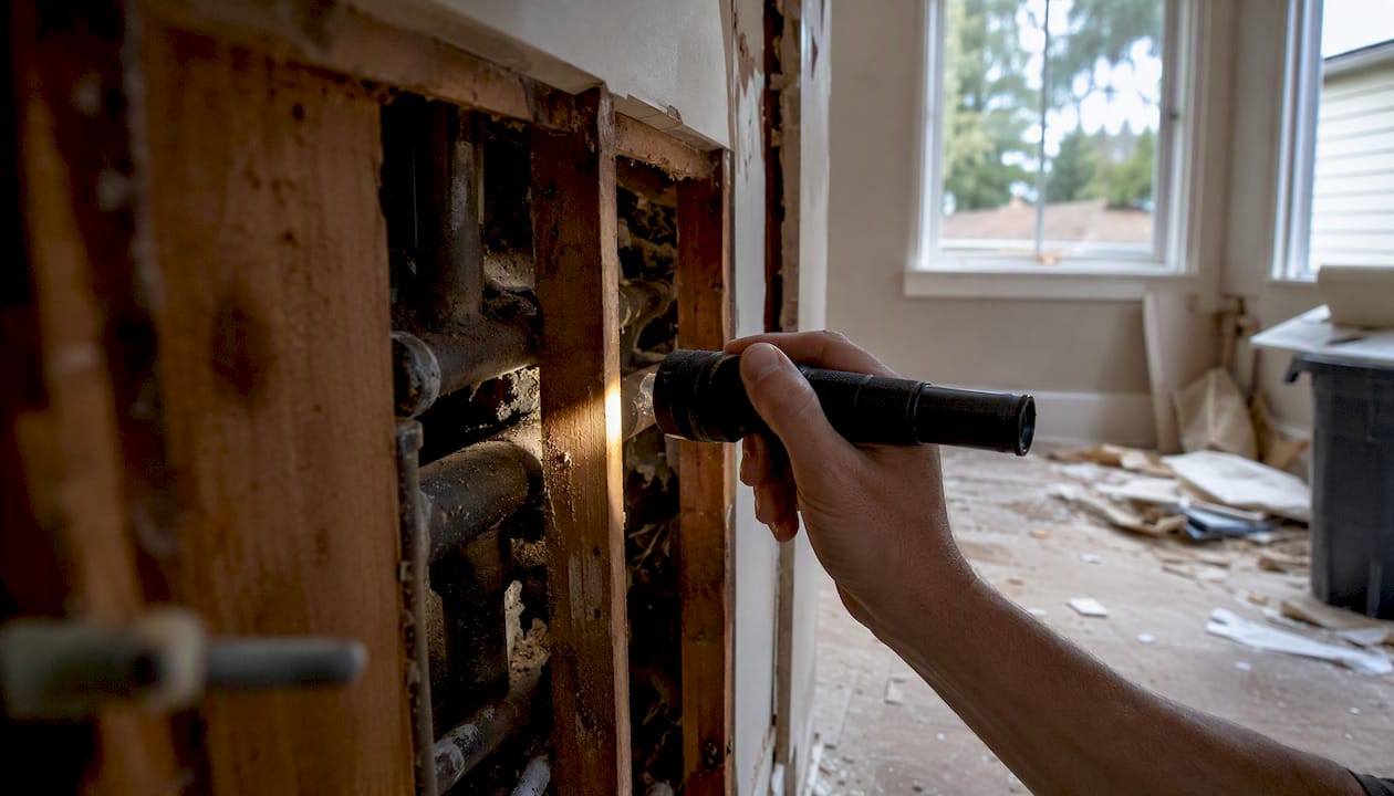 Hand inspecting exposed wall framing and pipes
