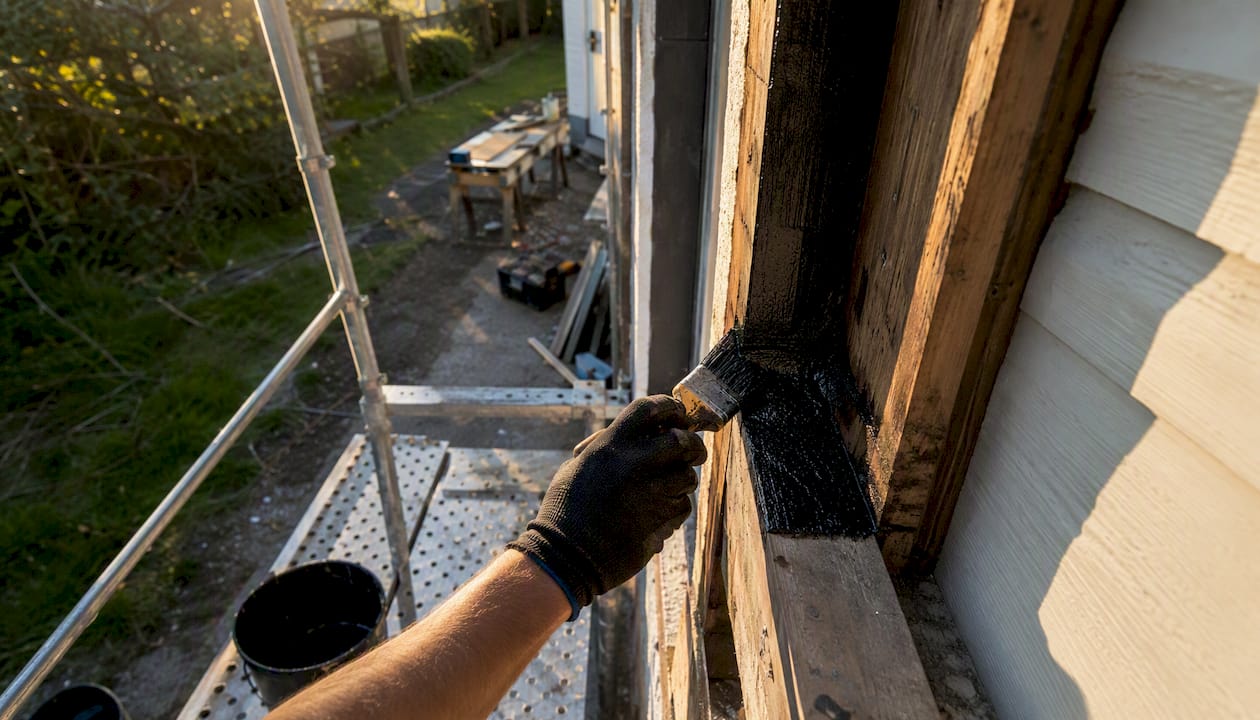 Gloved hand applying waterproof membrane on timber frame