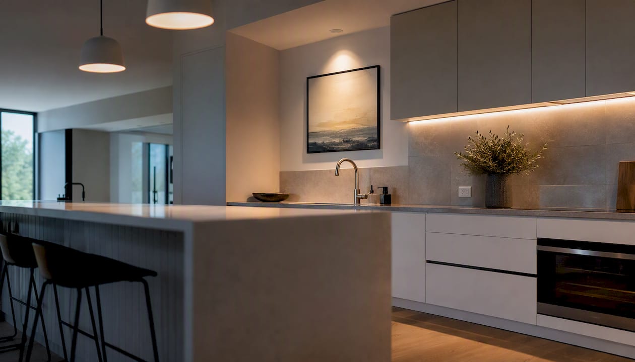 Modern kitchen with layered ambient, task and accent lighting
