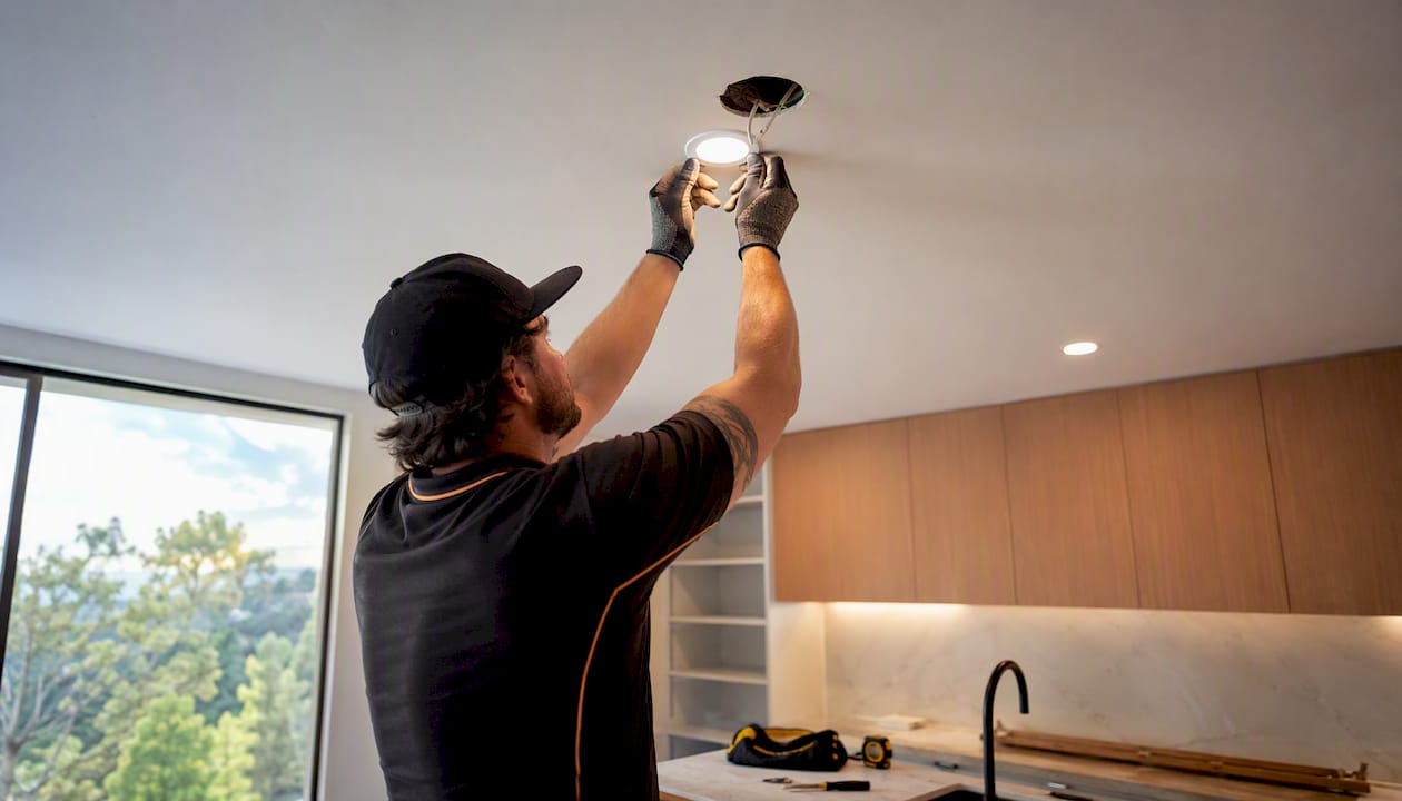Hands installing recessed LED downlight in kitchen ceiling