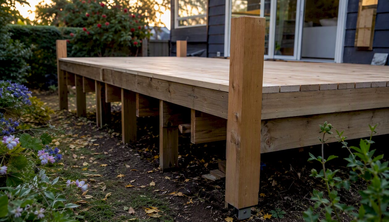 Wooden deck framing and structure in NZ backyard