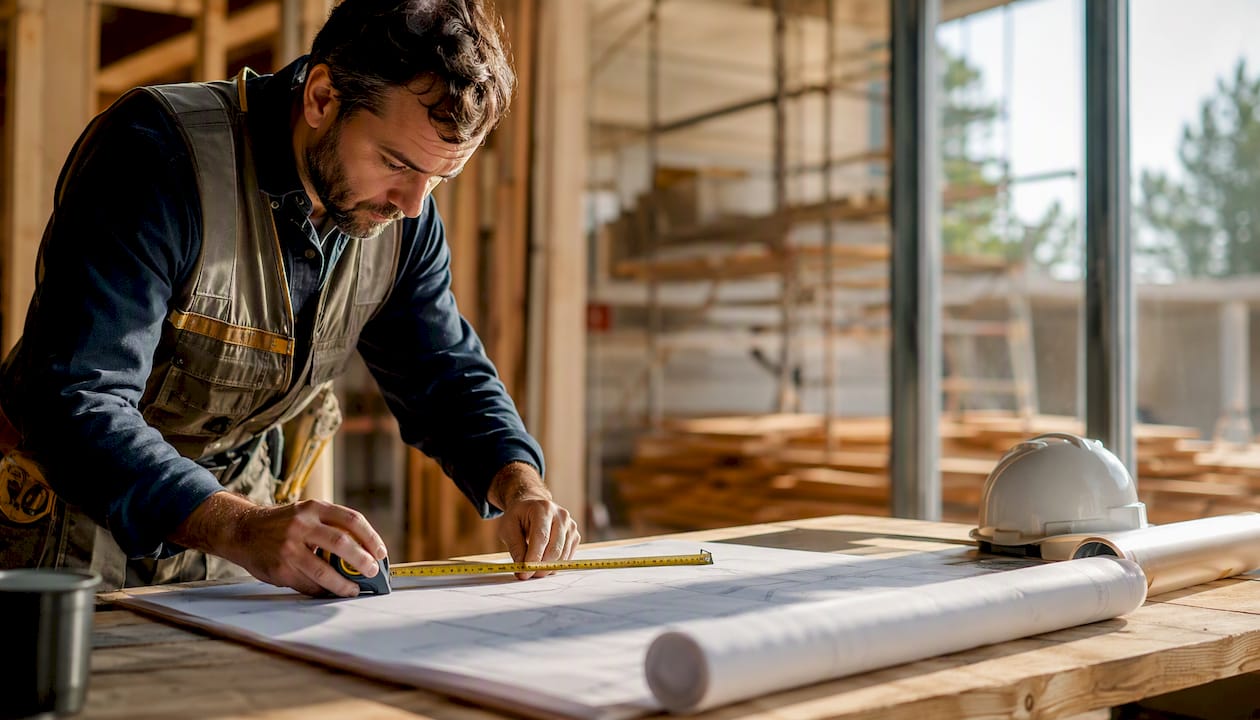Hands measuring blueprint on construction site table
