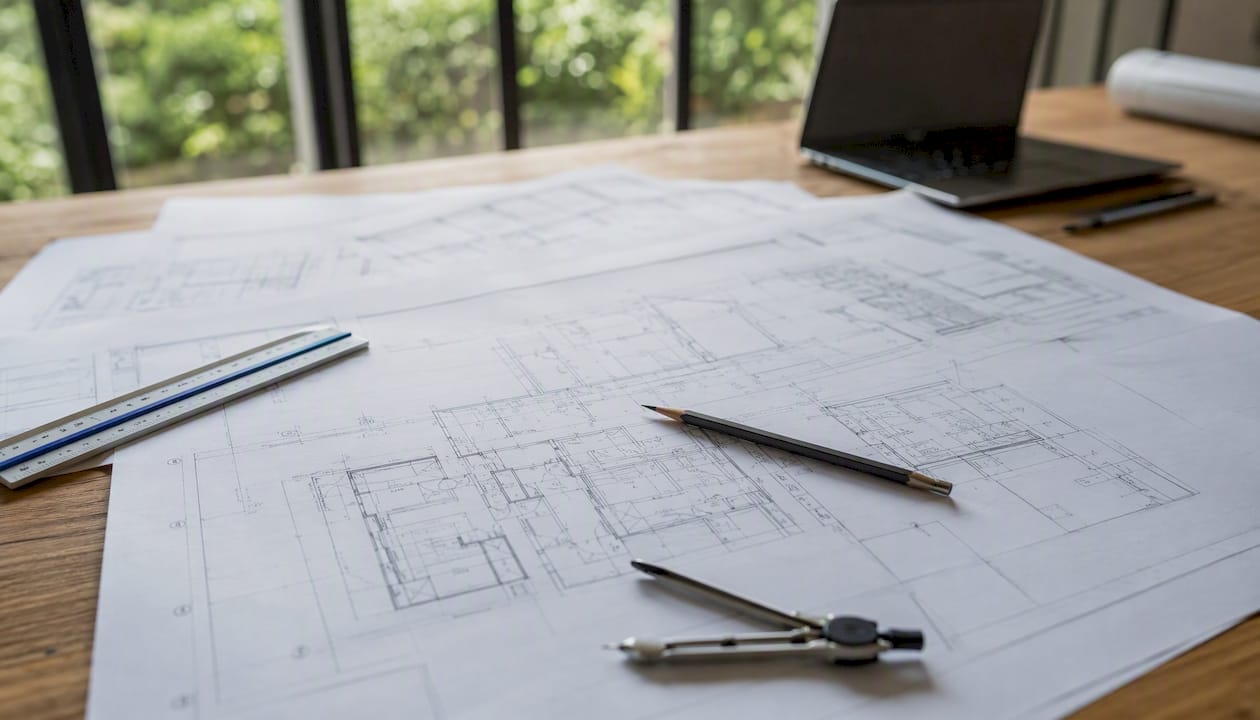 Architectural drawings with design tools on table