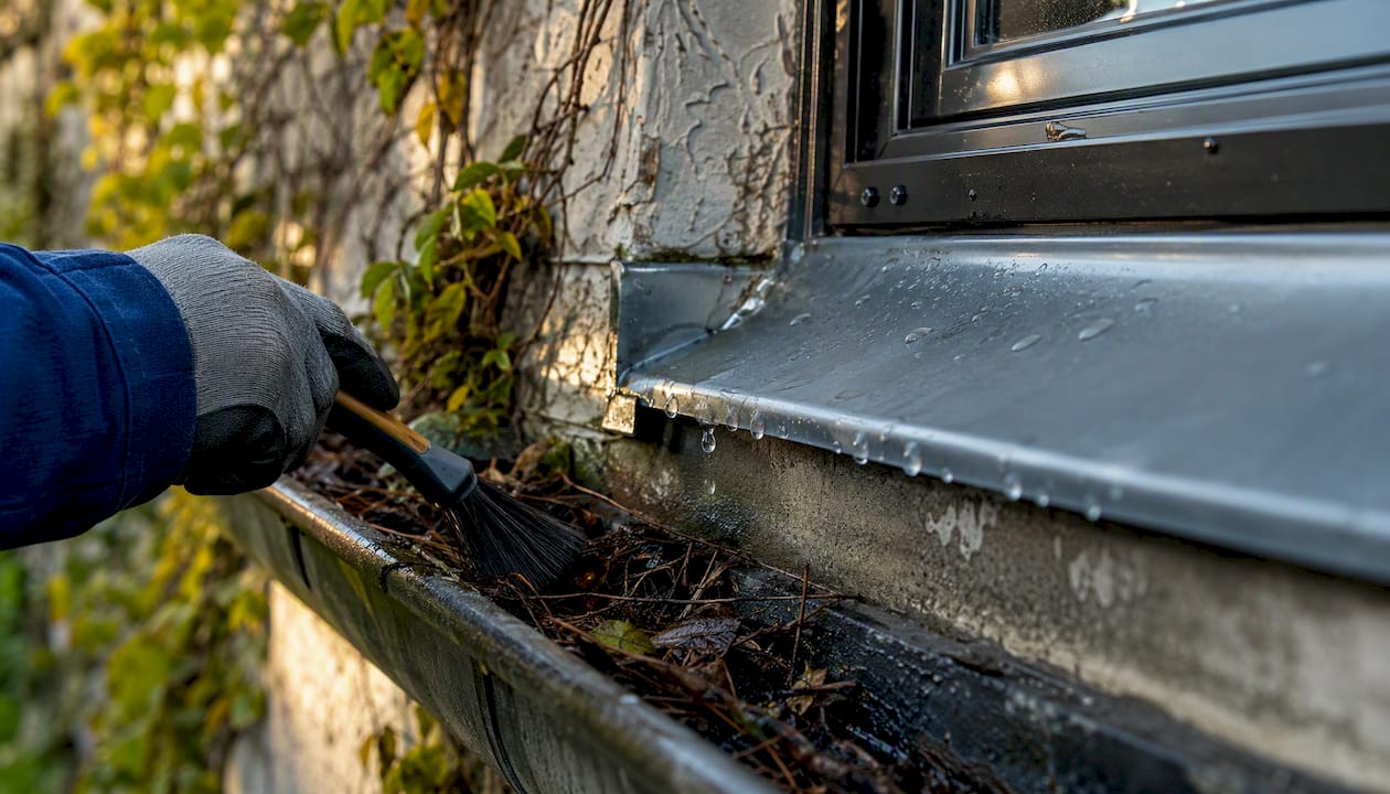 Leaking window flashing and gutter cleaning action