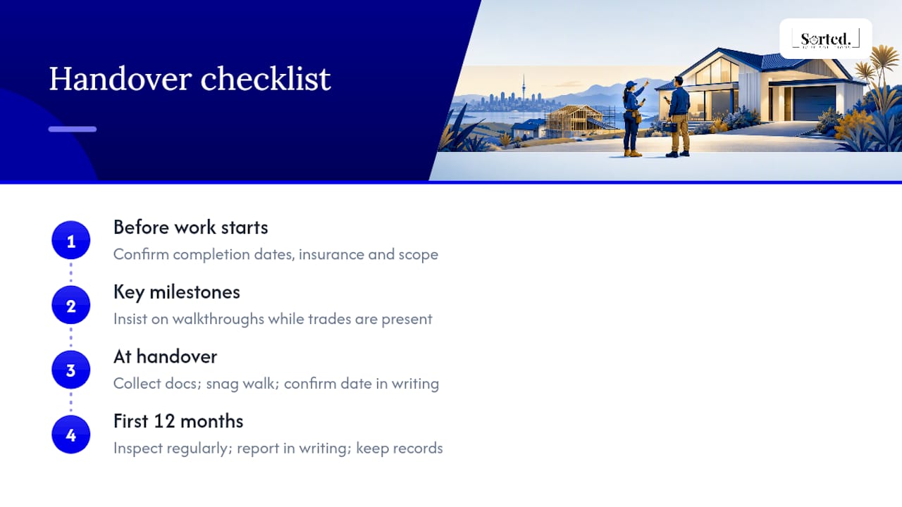 Homeowner checklist and warranty timeline infographic