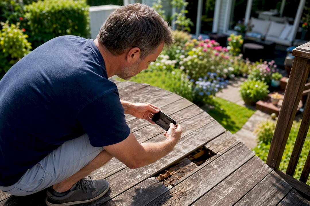 Homeowner photographing deck damage for repair