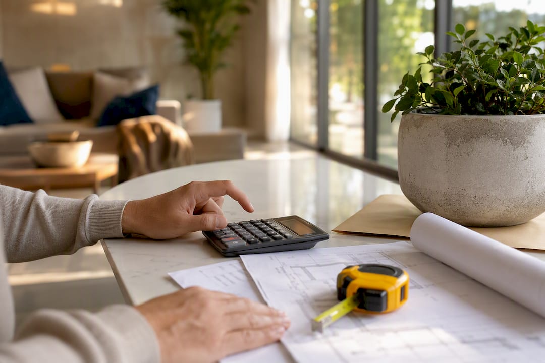 Hands calculating renovation budget with tools