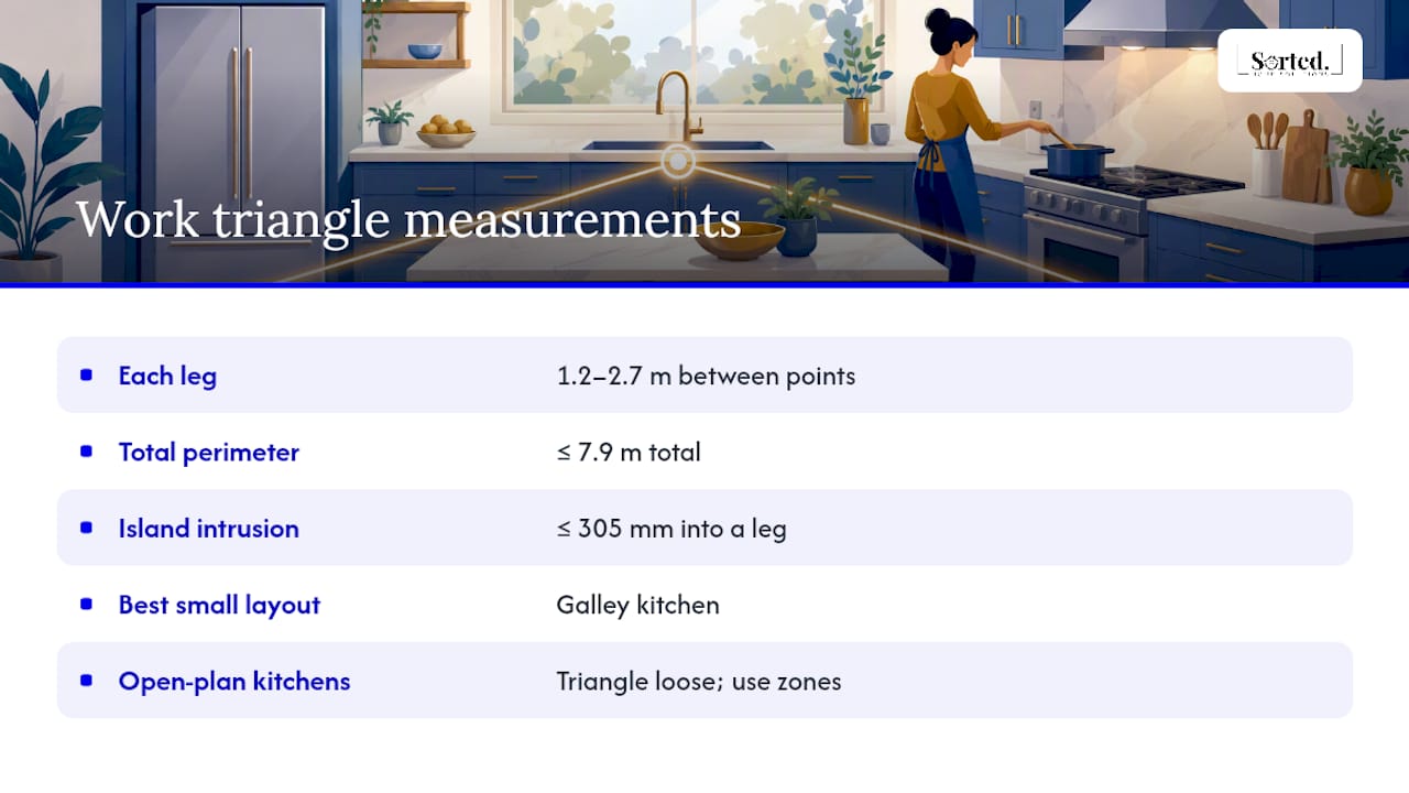 Diagram of kitchen work triangle measurements