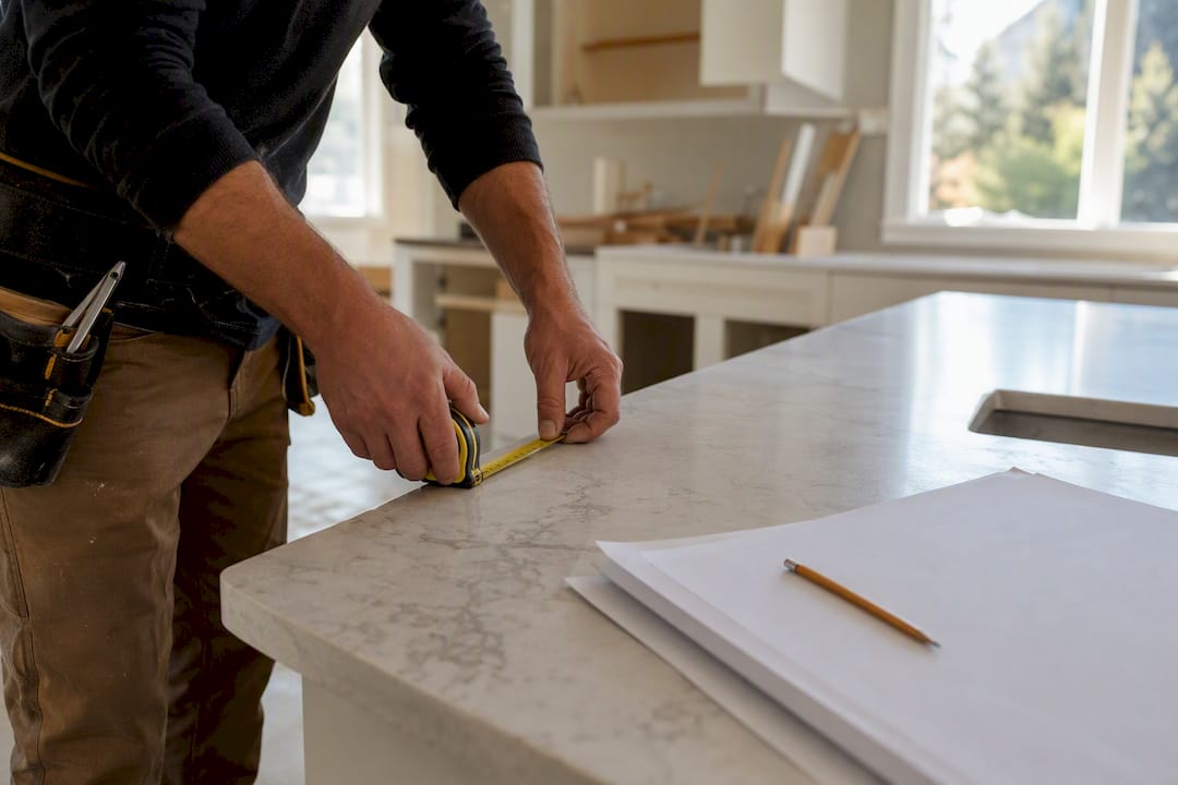 Hands measuring kitchen countertop