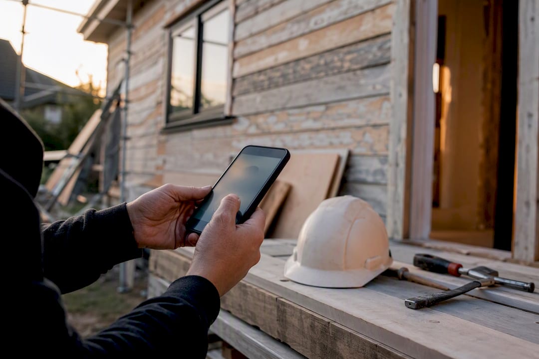 Homeowner checking renovation insurance on phone