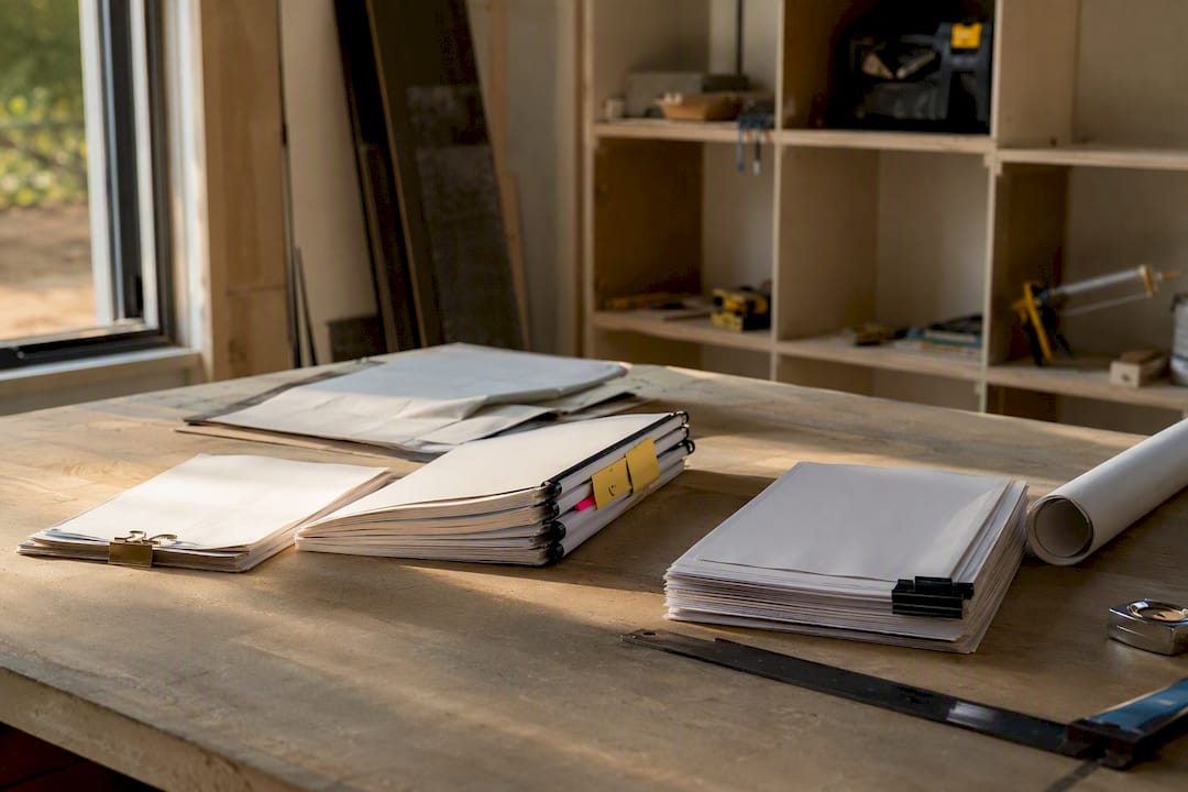 Construction schedule and plans on workbench
