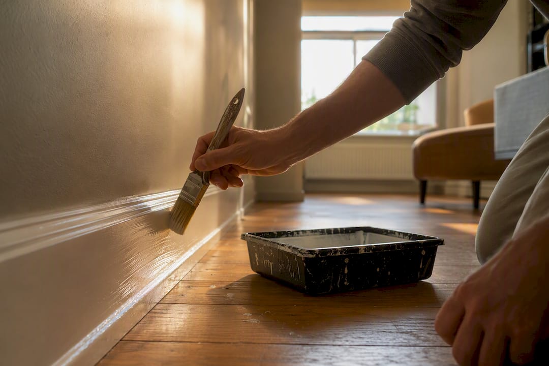 Hands painting sealed skirting board